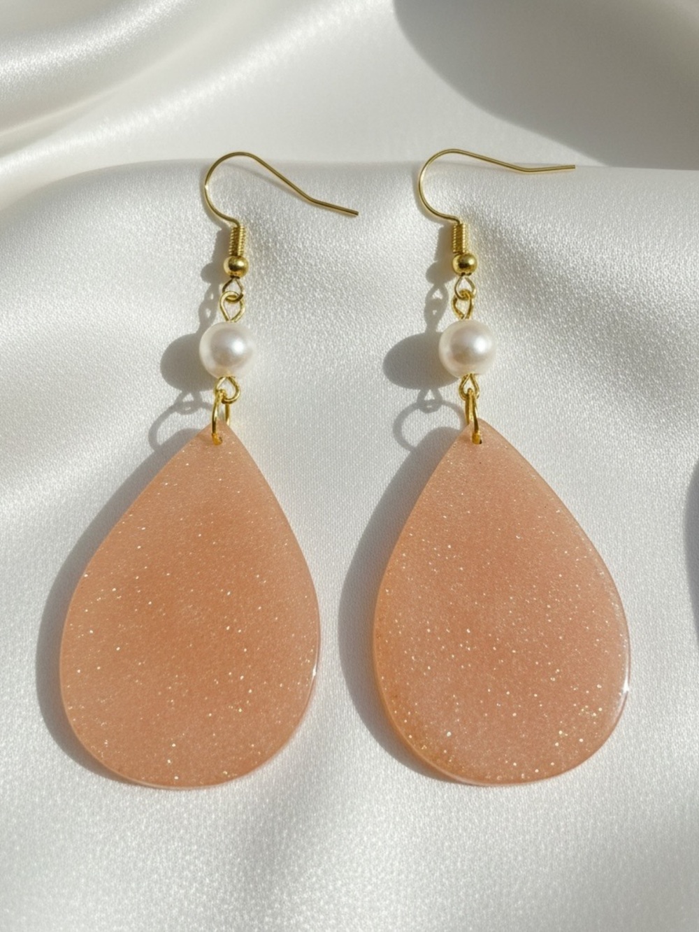 Handmadea Peach Resin Teardrop Earrings with Pearl Accents